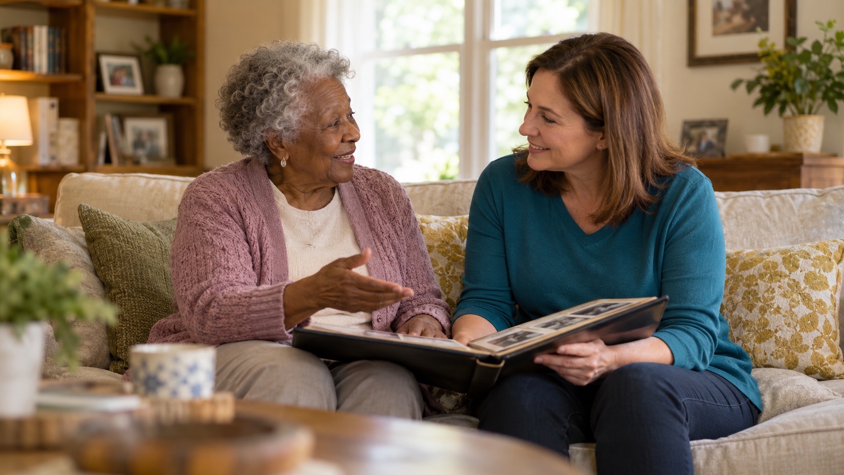 Caregiver and elderly woman sharing a moment together at home