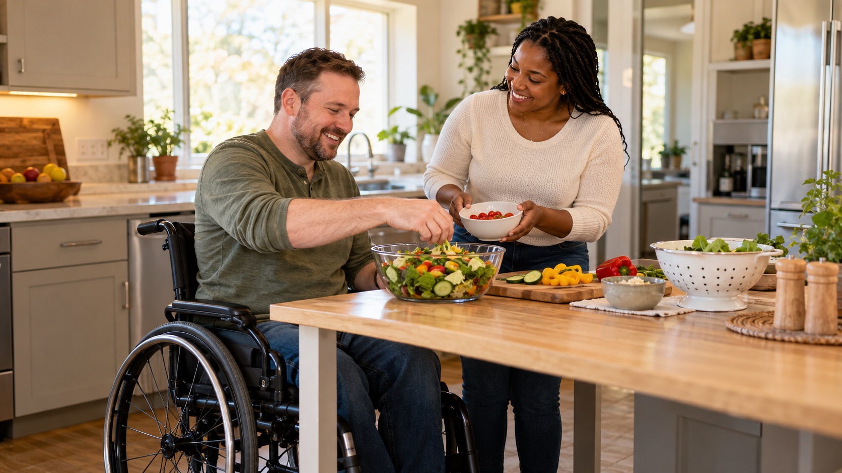 Caregiver helping a person in a wheelchair prepare a meal in the kitchen
